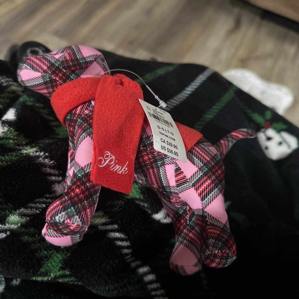 PINK Victoria's Secret Plaid Dog Plush - Red and Pink - Picture 3 of 3